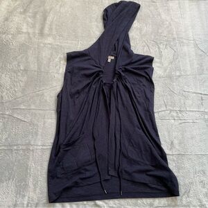 T By Talbots Vest Medium Petite MP Hooded Open Front Athleisure Blue Drawstring